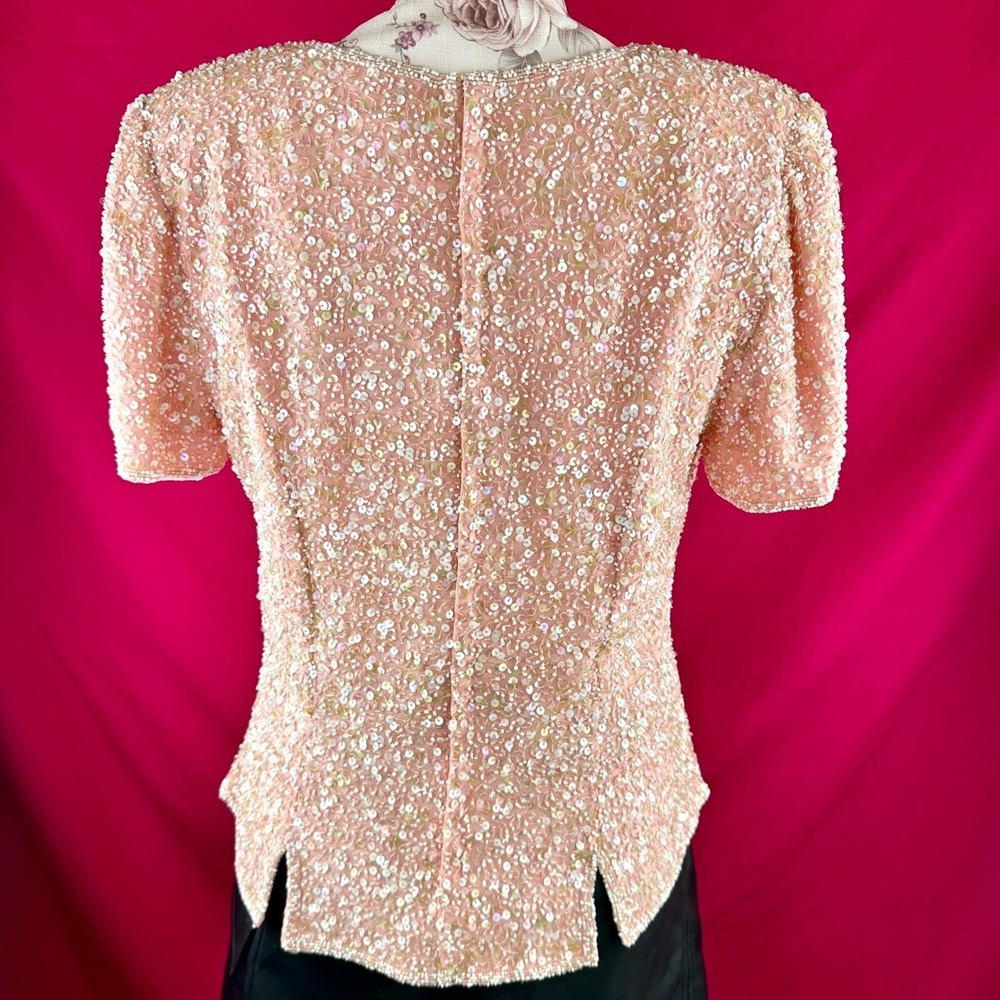 Pink Sequin Date Night Top Vintage Scala Silk Beaded Romantic Valentine Large - Picture 9 of 17